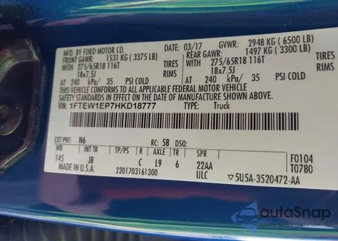 2017 Ford F-150 Xlt z USA, uszkodzony, nr VIN 1FTEW1EP7HKD18777